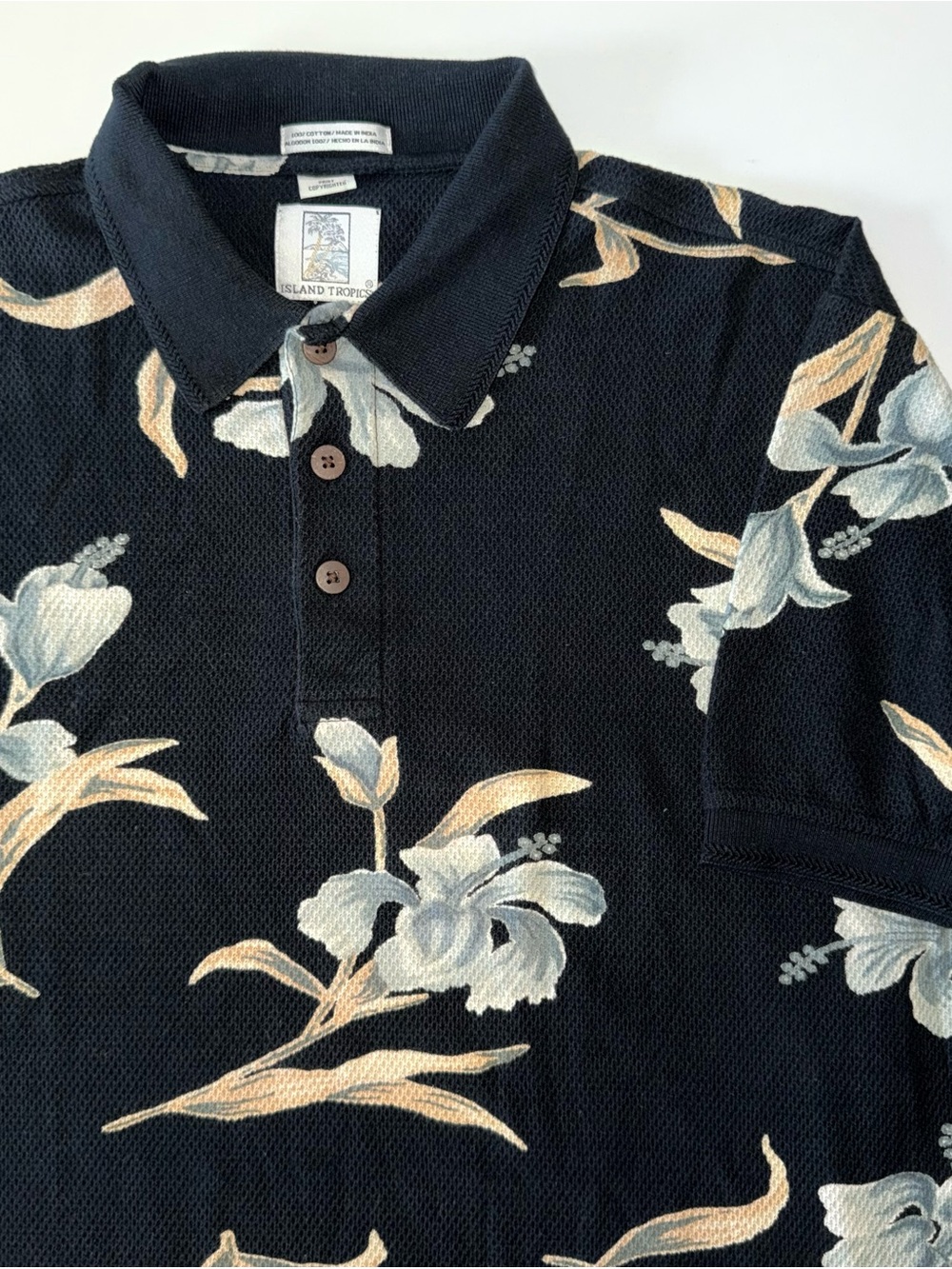 Island Tropics Polo Mens XL Black Floral Mesh 100% Cotton